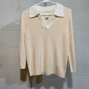 Joie Womens V-neck Sweater Creme Crochet Knit Collared  Cotton 3/4 Sleeve Career